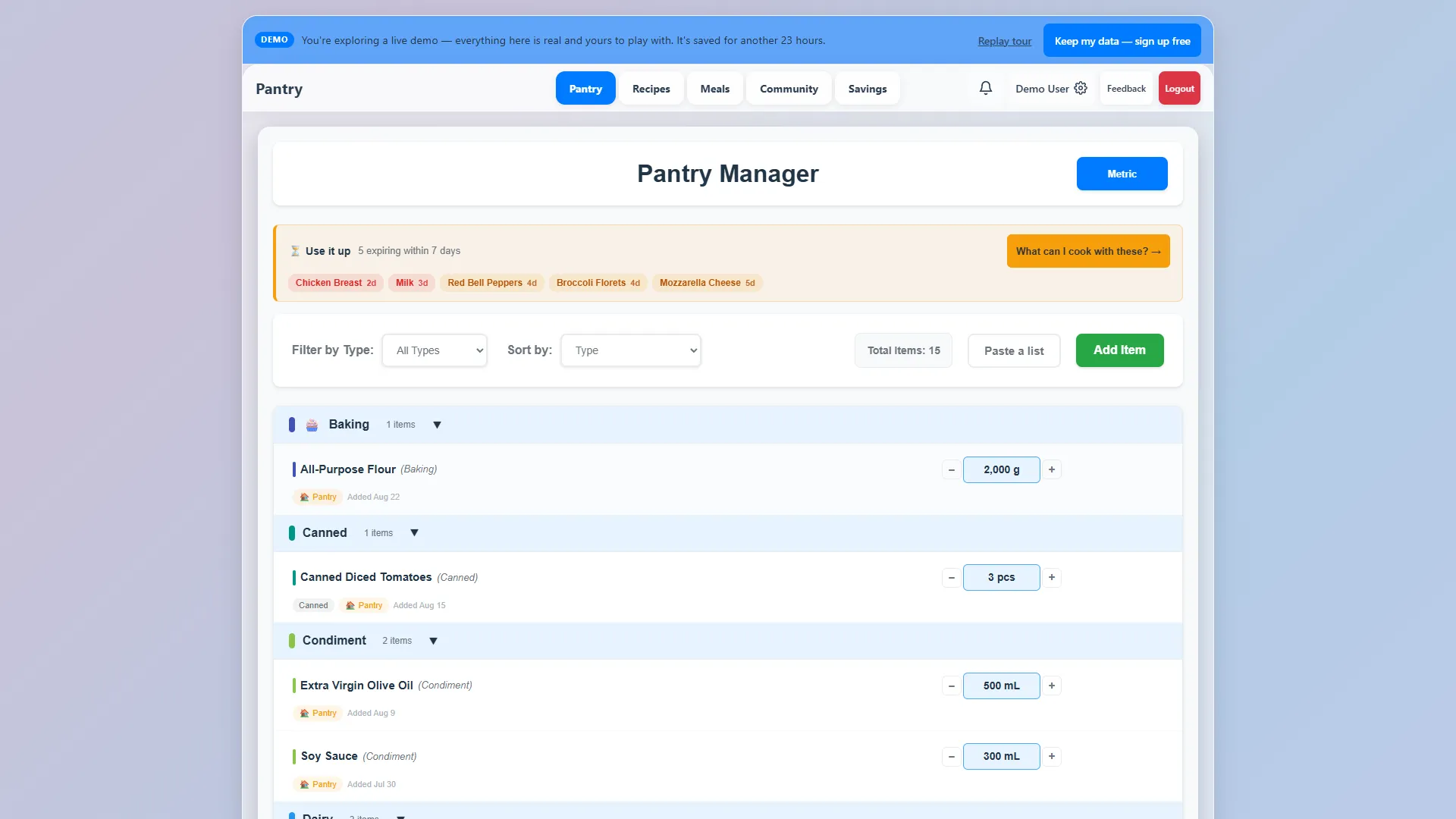 PantryTrack interface screenshot