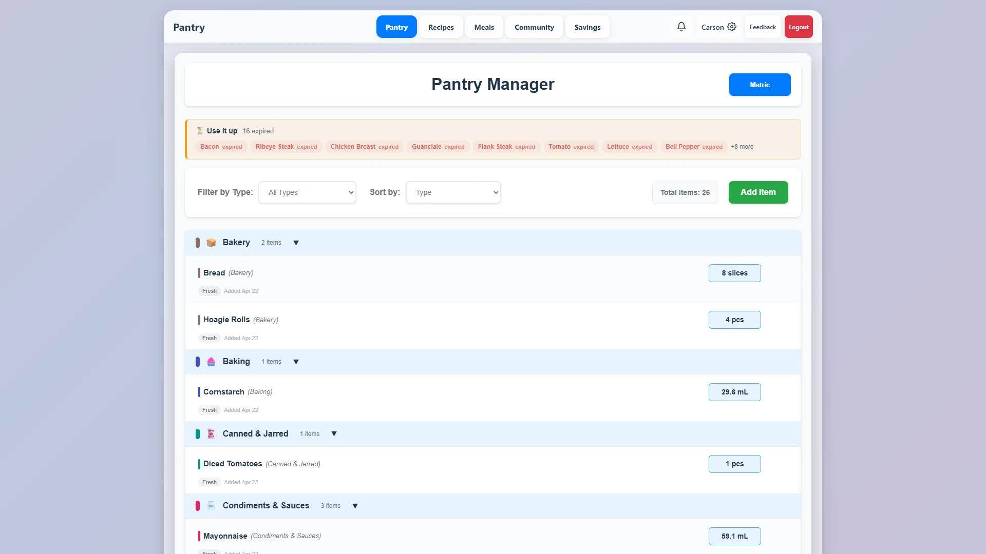 PantryTrack — interface screenshot